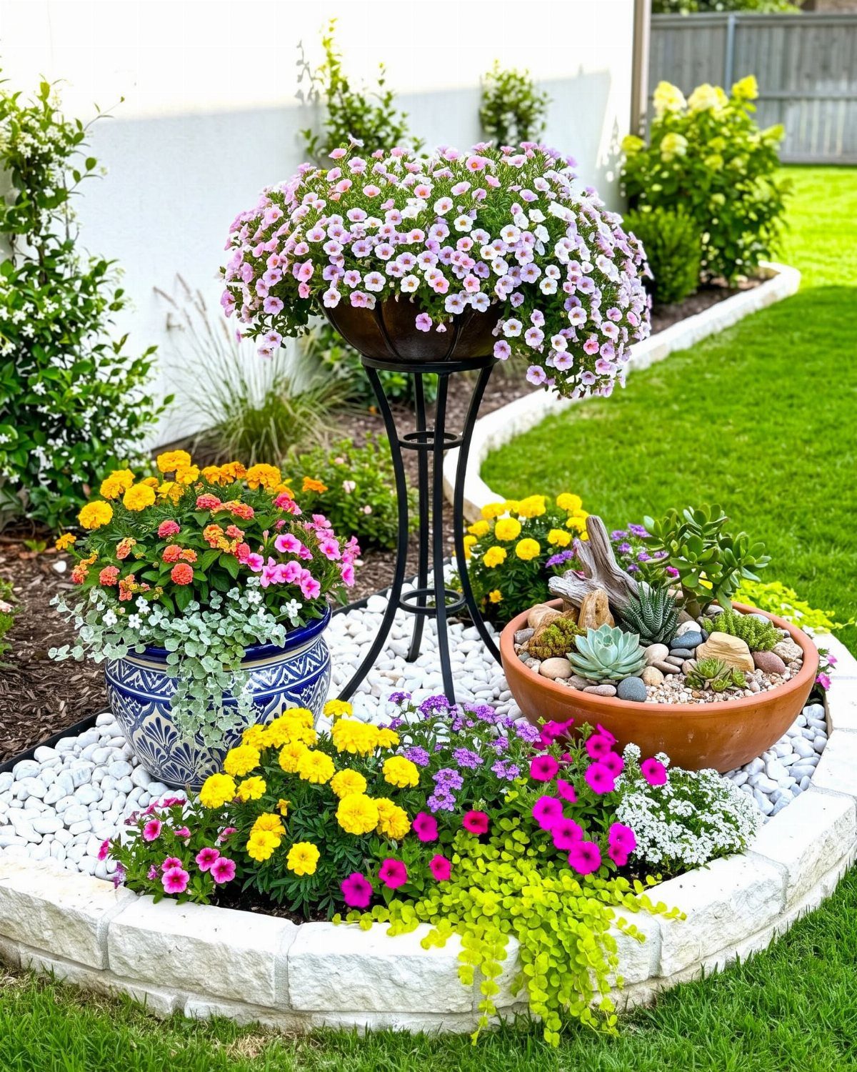 Curved flower bed with colorful blooms, succulents, and a tall petunia plant stand.