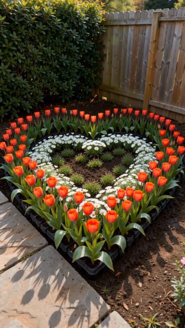 Heart-shaped flower bed with red tulips and white flowers beside a wooden fence.