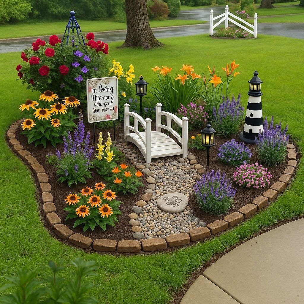 Landscaped flower bed with a miniature bridge, lighthouse, and colorful blooms on a lawn.