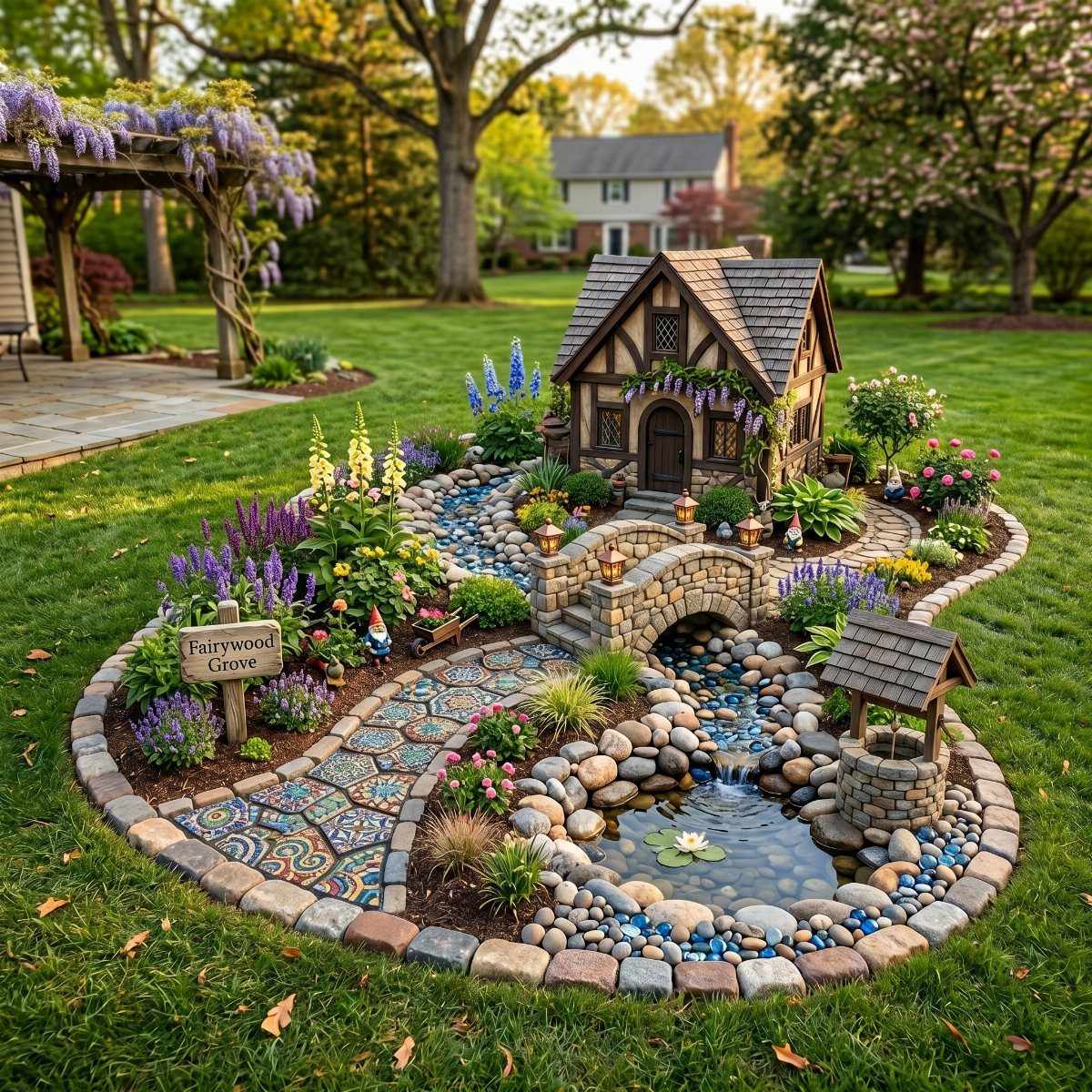 Miniature fairy garden with a small cottage, stone bridge, and colorful flowers in grass.