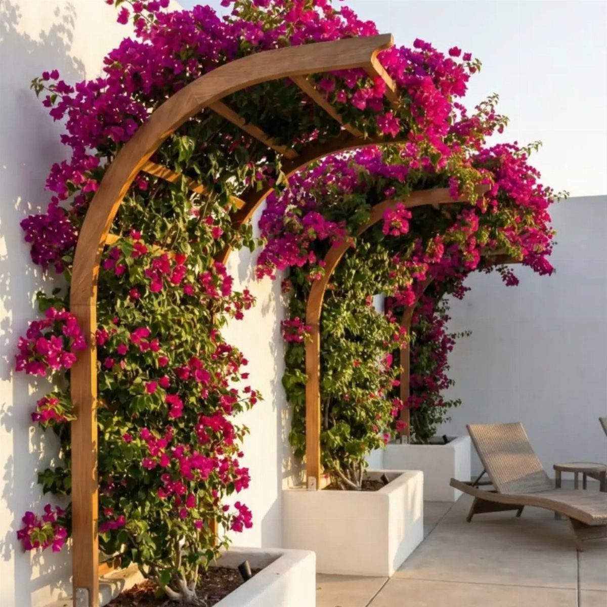 Pink bougainvillea flowers climbing curved wooden pergolas in white rectangular planters on a patio.