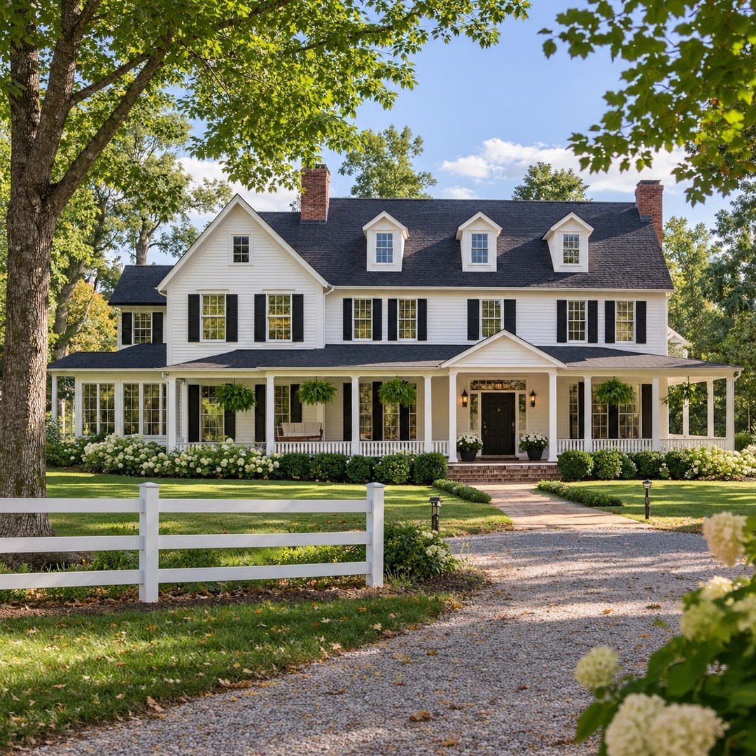 White farmhouse with white flowering shrubs framing the front porch steps and foundation.