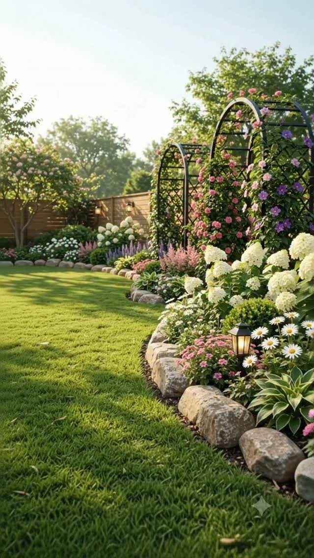 Layered flower bed with white hydrangeas and pink blooms bordered by natural stones.