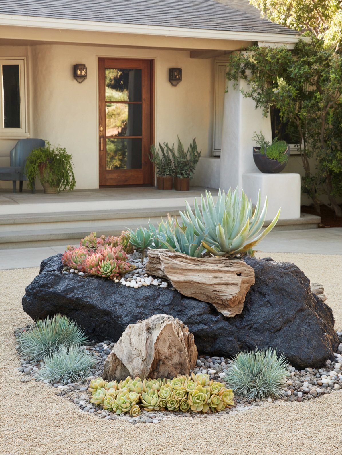 Succulents and driftwood arranged around large dark volcanic rocks in a gravel yard.