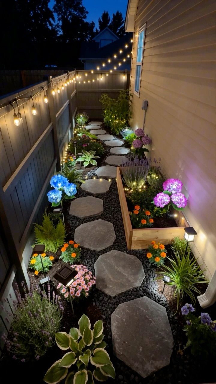 Stone stepping path through a narrow side yard garden with colorful flowers and string lights.