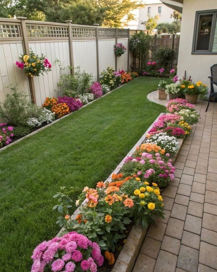 Narrow backyard garden with colorful flower beds bordering a small grass lawn.