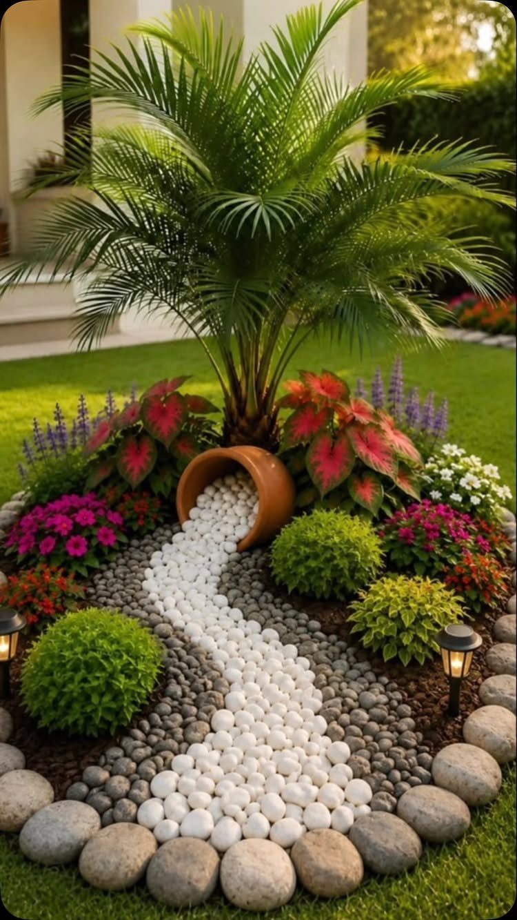 Landscaped garden bed with a palm tree, colorful flowers, and a white pebble path.