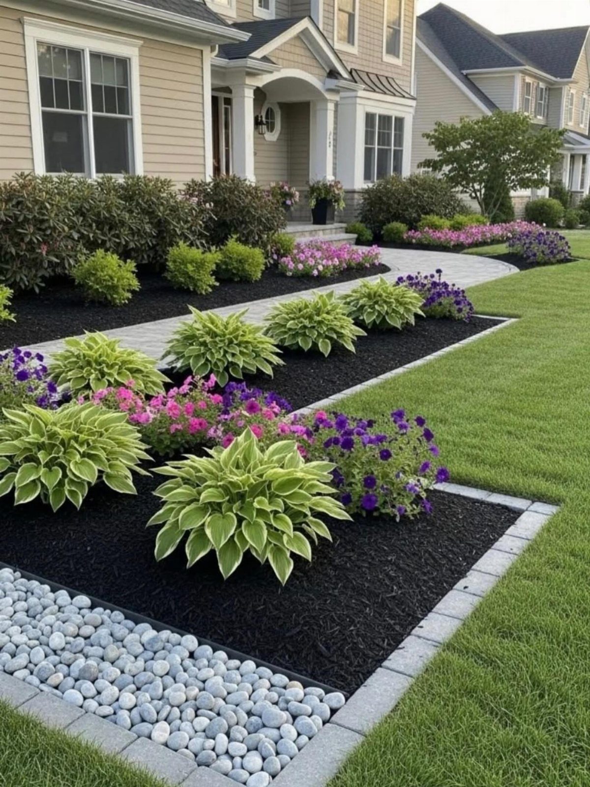 Flower beds with hostas and colorful blooms lining a stone walkway by a house.