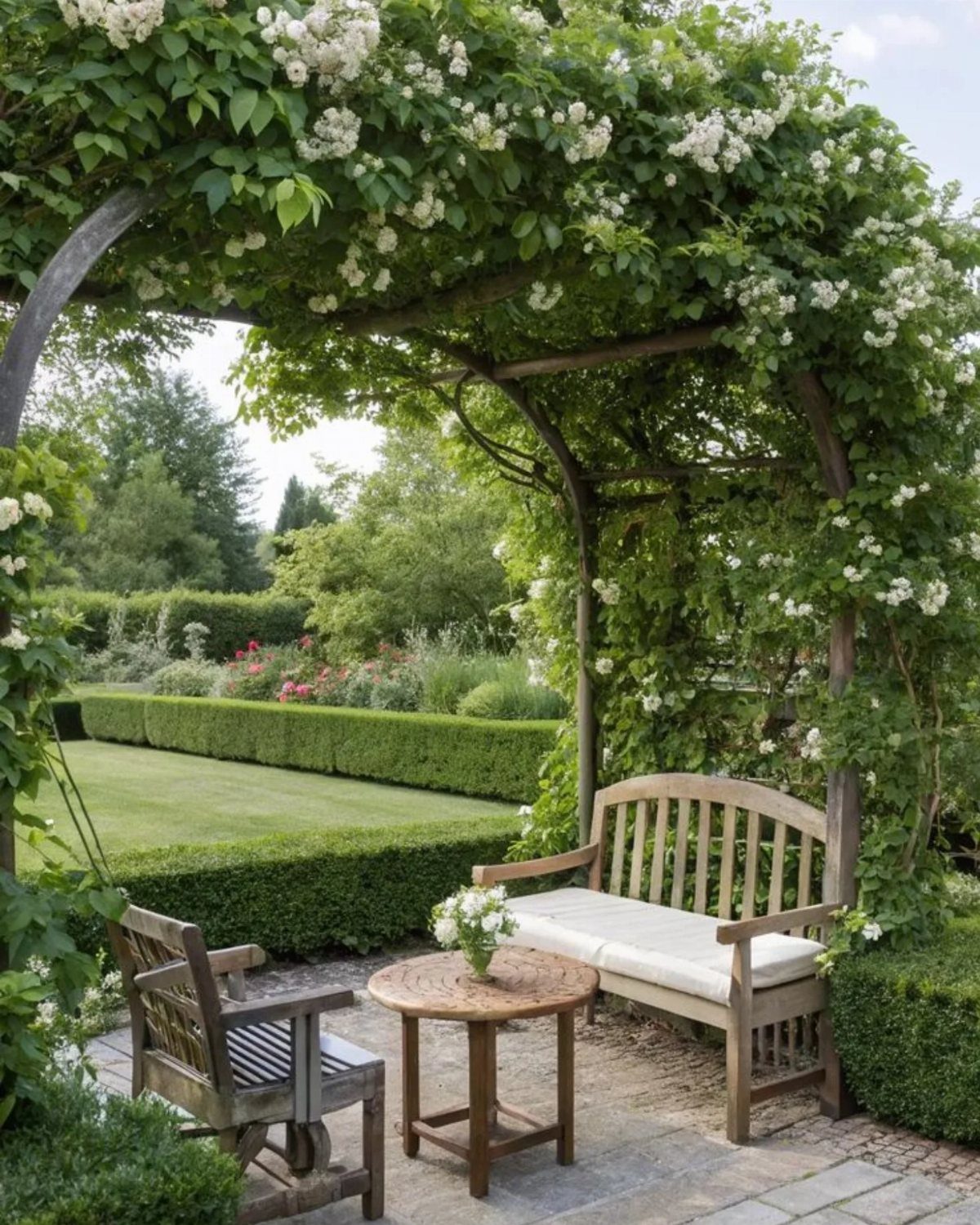 26 Front Garden Ideas for Curb Appeal and Small Yards 21 Wooden garden arbor with climbing white roses over a bench and small table.