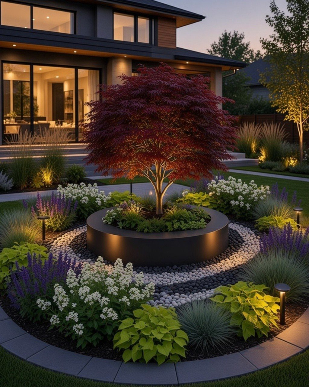 26 Front Garden Ideas for Curb Appeal and Small Yards 18 Red Japanese maple in a circular planter surrounded by white and purple flowers.