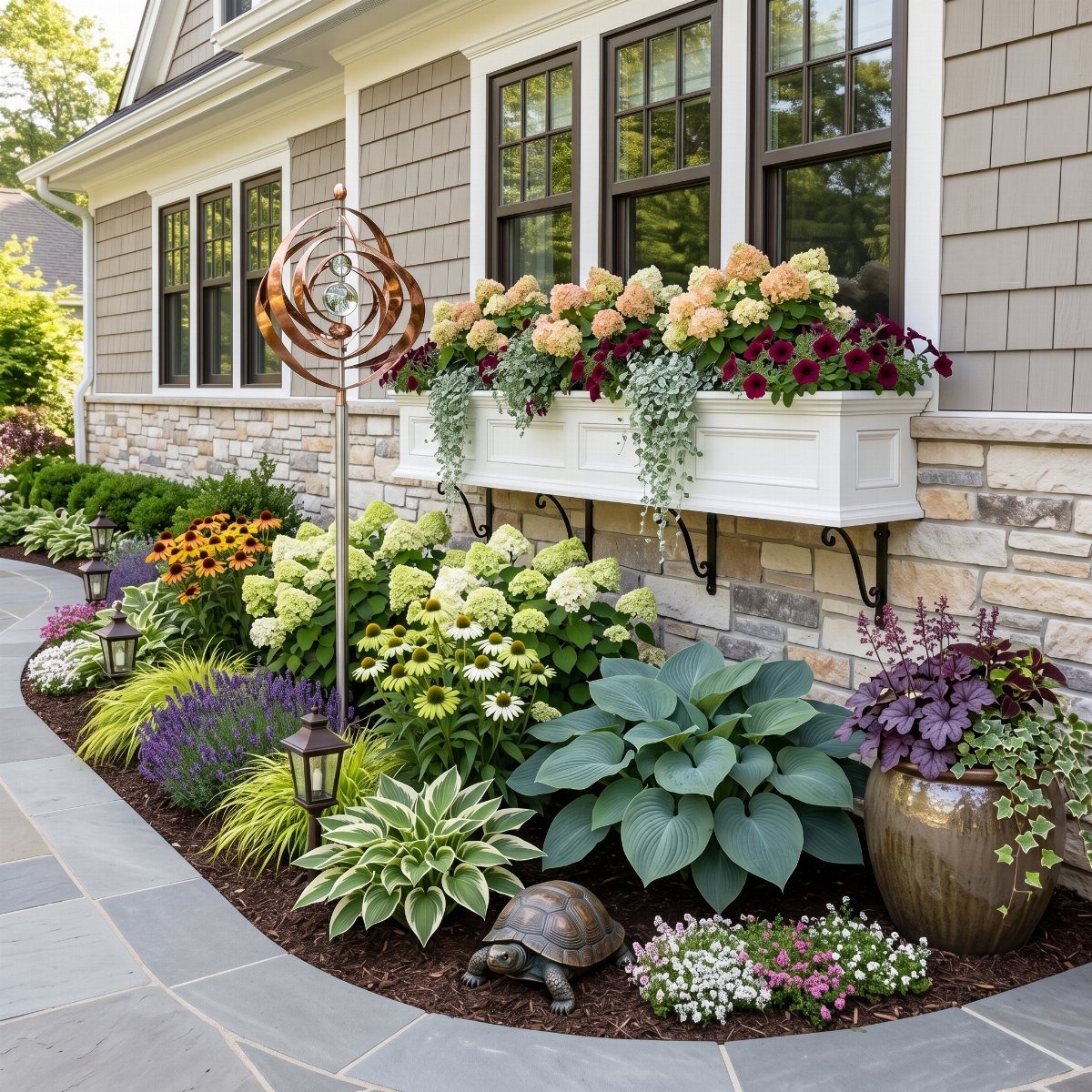 26 Front Garden Ideas for Curb Appeal and Small Yards 26 Lush front garden featuring a metal spiral sculpture and a small turtle statue.