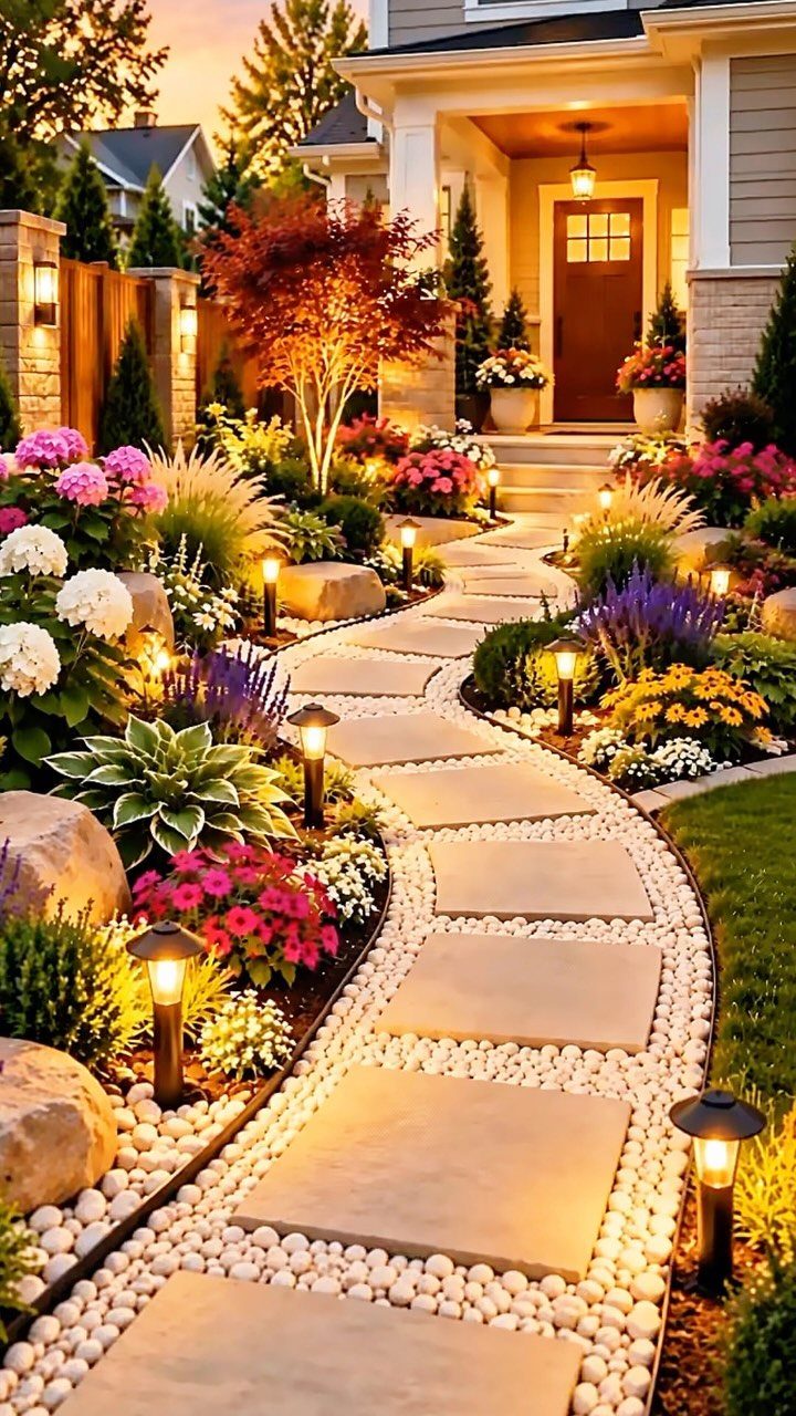 26 Front Garden Ideas for Curb Appeal and Small Yards 2 Curved stone paver walkway with white pebbles and garden lighting leading to a home.