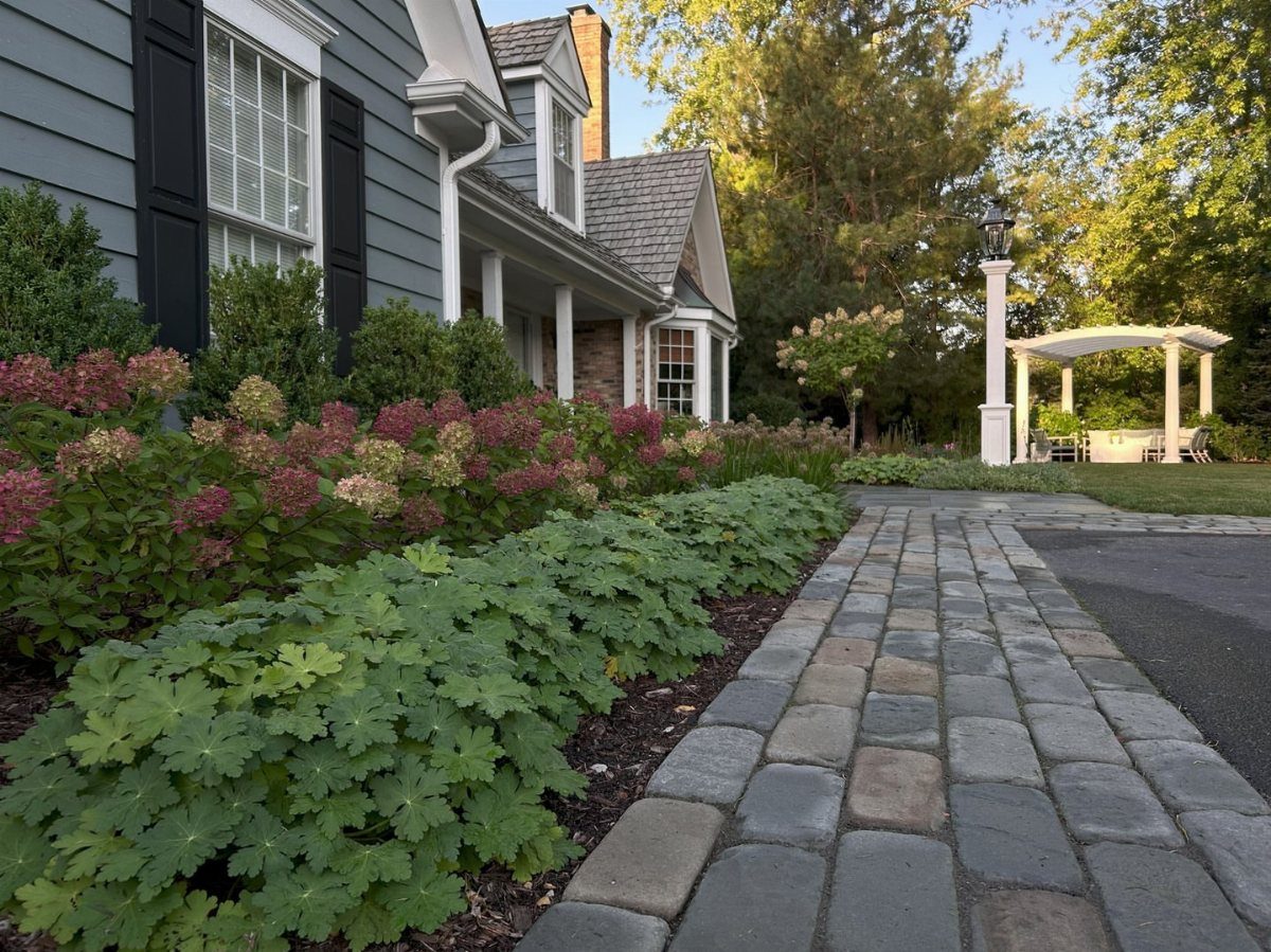 26 Front Garden Ideas for Curb Appeal and Small Yards 11 Low-growing green ground cover plants bordering a grey stone paver garden walkway.