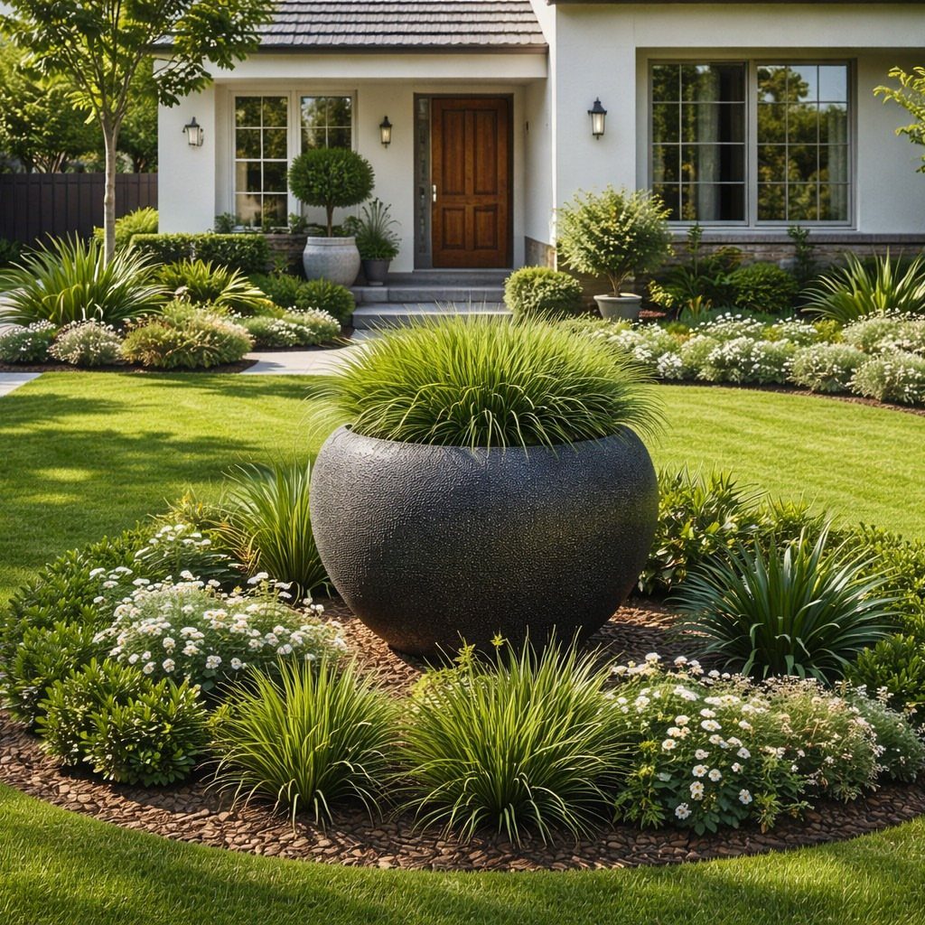 26 Front Garden Ideas for Curb Appeal and Small Yards 1 Large grey stone planter with tall grass surrounded by low white flowers and shrubs.