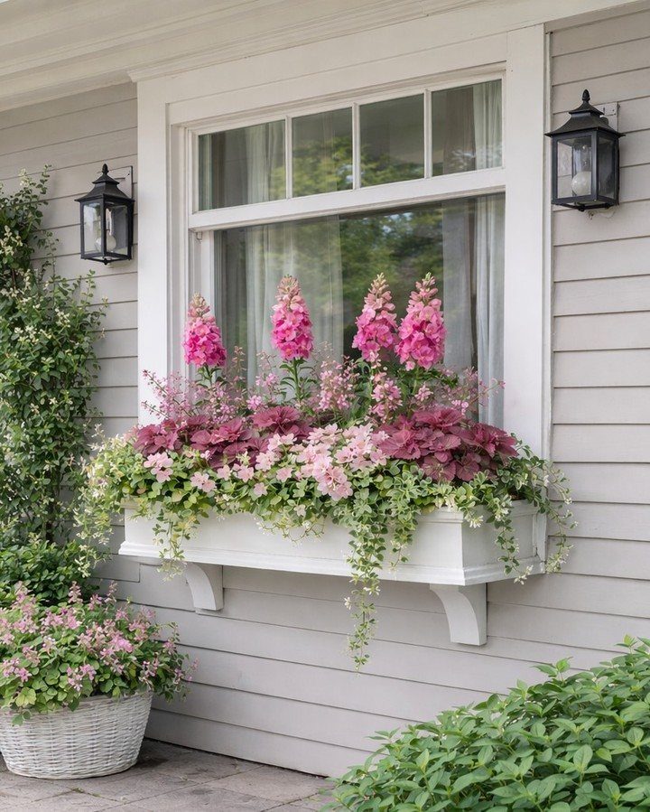 26 Front Garden Ideas for Curb Appeal and Small Yards 23 White window box with pink snapdragons and greenery mounted on a grey house.