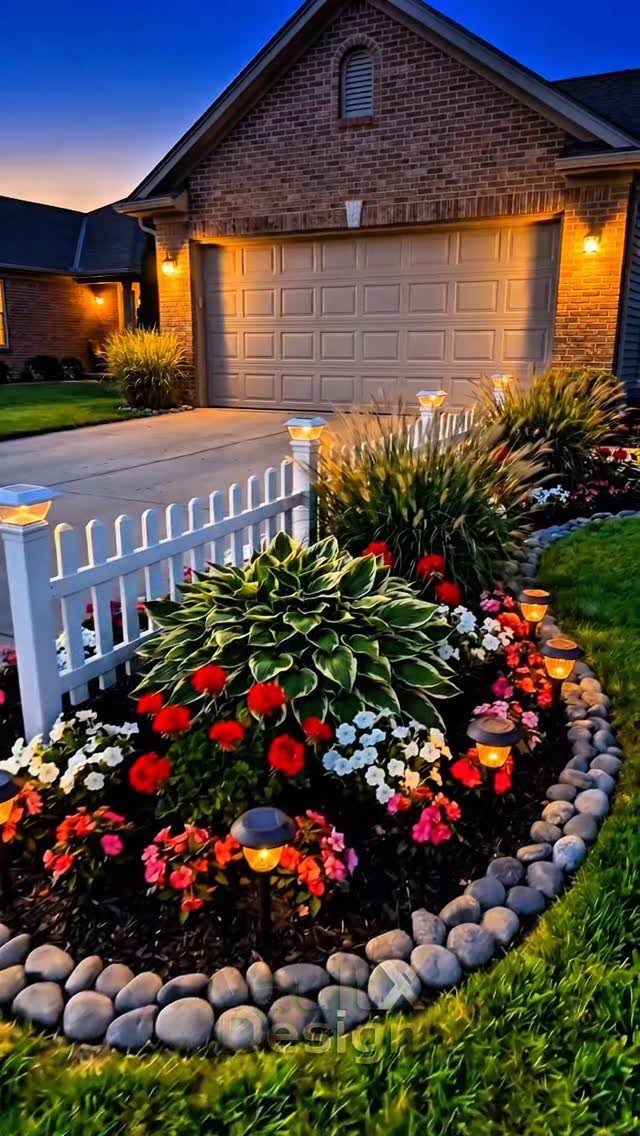 Landscaped garden bed with colorful flowers and river stone edging in a front yard.
