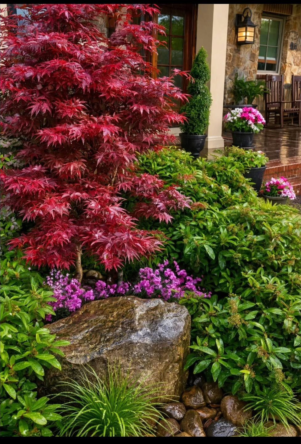 Red Japanese maple tree and purple flowers planted around a large garden rock.