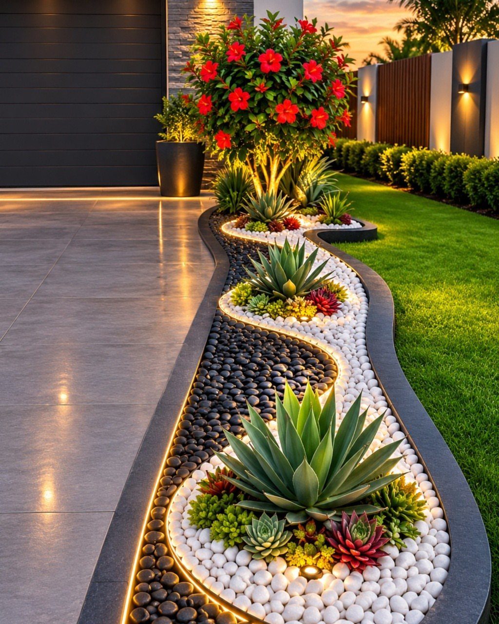 Curved rock garden with black and white stones, succulents, and red hibiscus flowers.