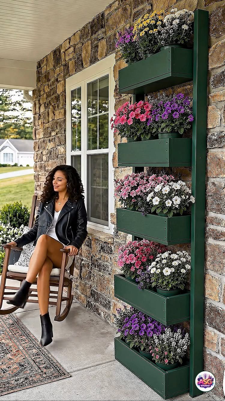 Woman sitting on a porch next to a green vertical garden planter with flowers.