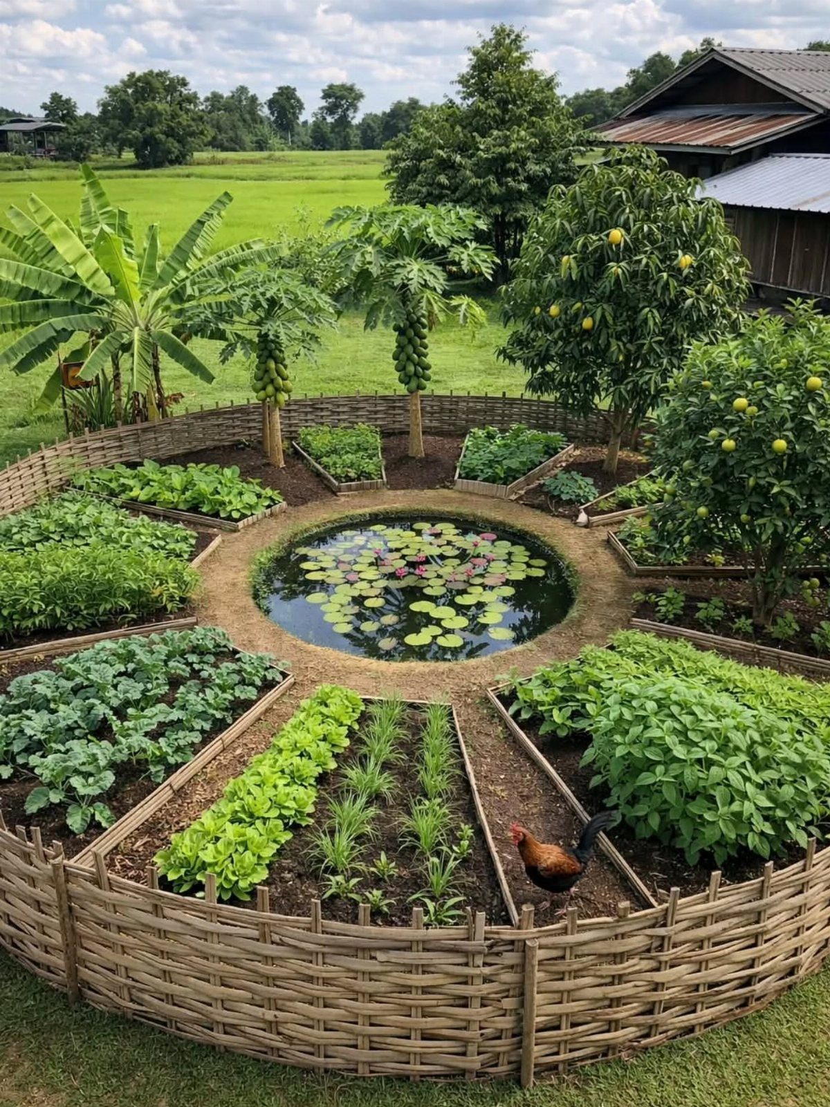Circular fruit and vegetable garden with a central pond and woven wicker fence.