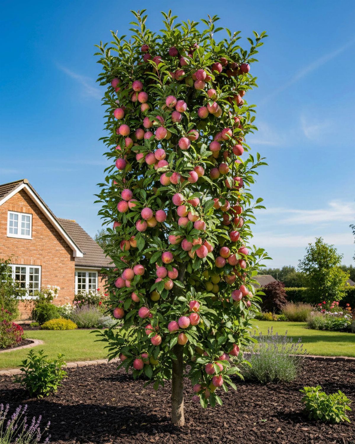Columnar apple tree with red fruit growing vertically in a mulched garden bed.