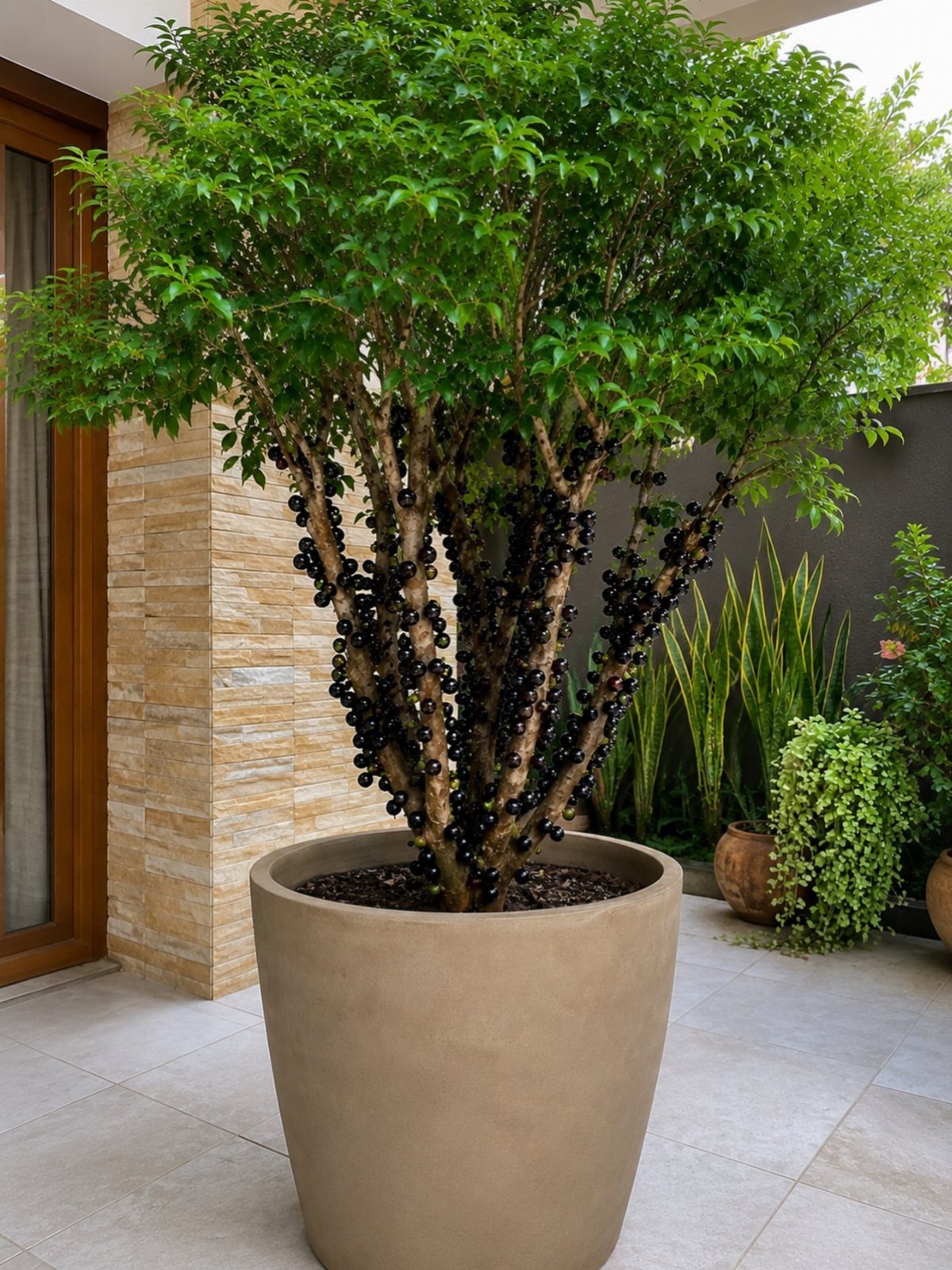 Small berry tree with black fruit in a large beige pot on a patio.