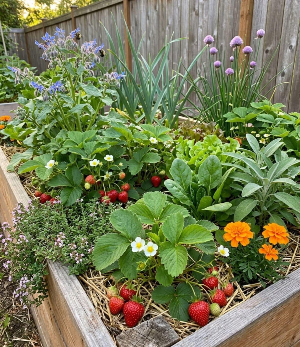 Strawberry plants with ripe red berries in a wooden raised garden bed.
