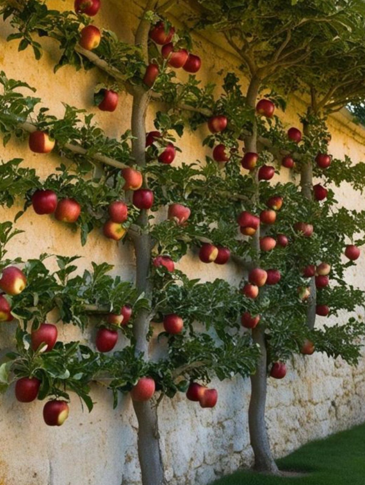 Apple trees with red fruit trained flat against a light stone wall