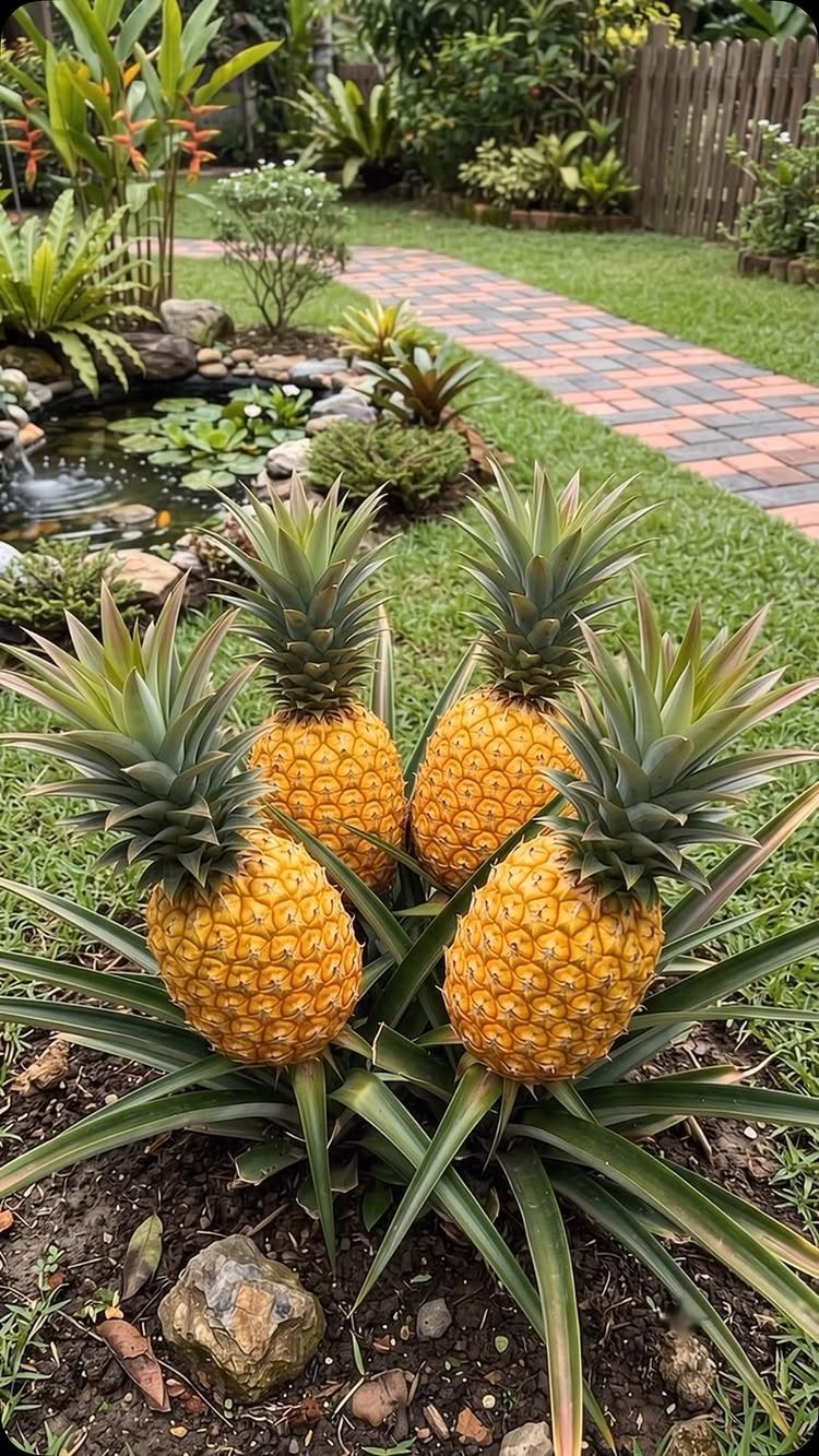 Four yellow pineapples growing on a plant in a landscaped tropical garden with pond.