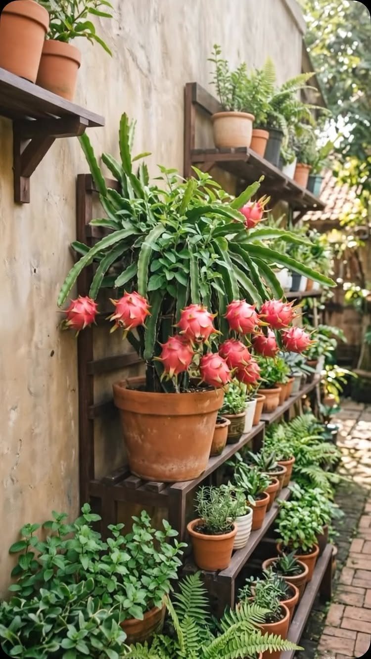 Dragon fruit plant with pink fruits and various herbs in terracotta pots on wooden shelves.