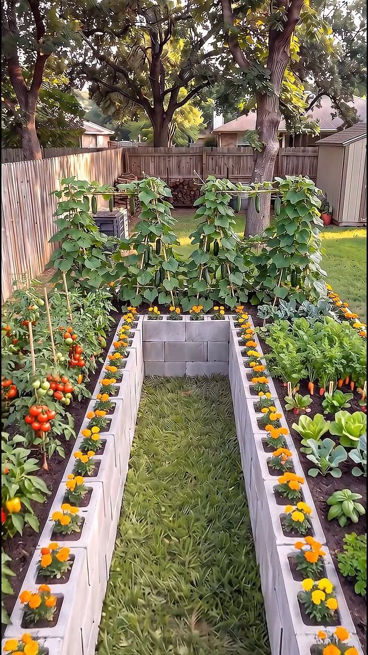 Cinder block raised garden bed with yellow flowers and climbing vegetable plants.