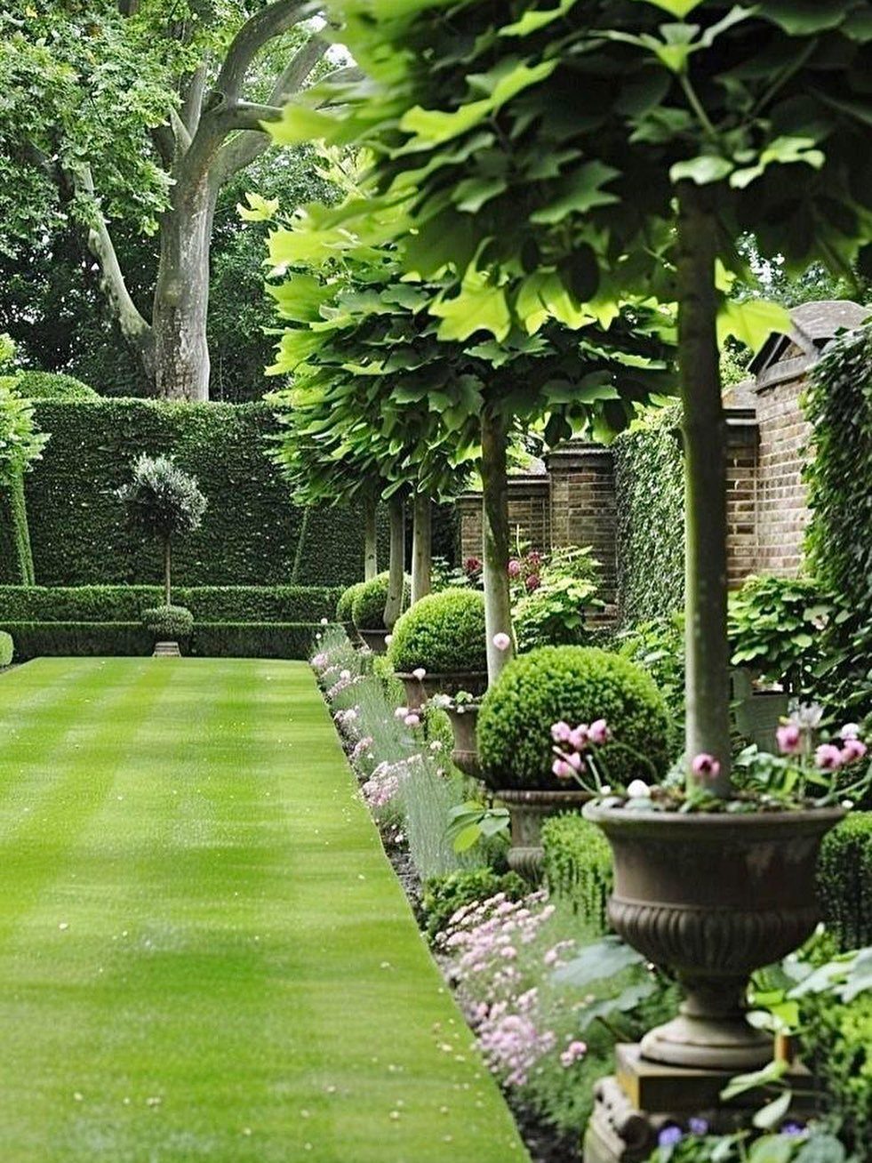 Manicured formal garden with a green lawn, topiary shrubs, and classical urns.