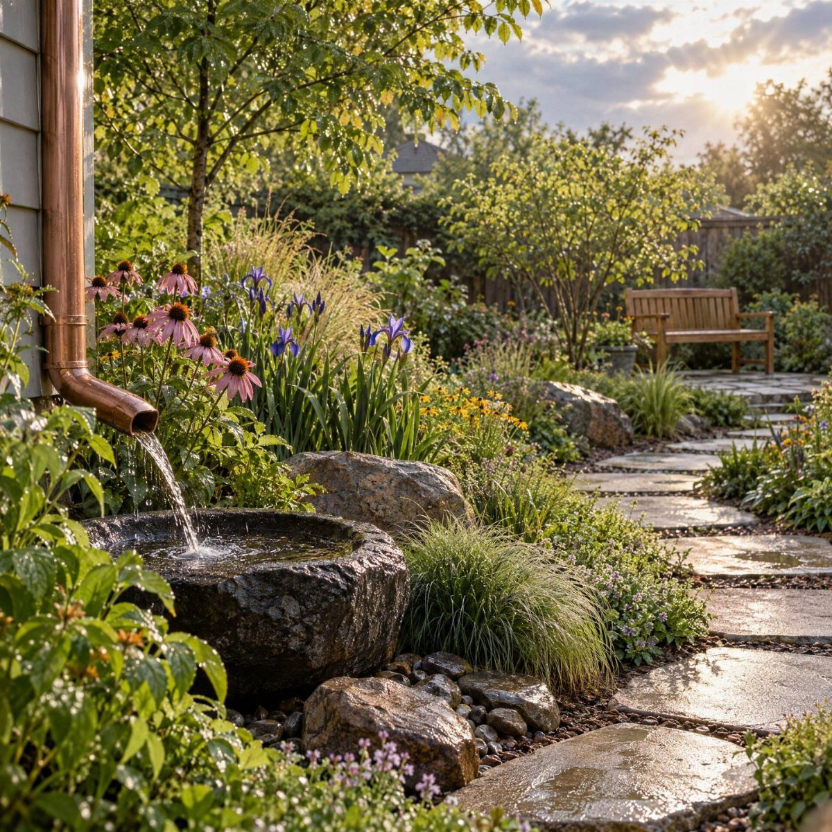 Stone slab garden path winding through lush flowers and a stone water basin.
