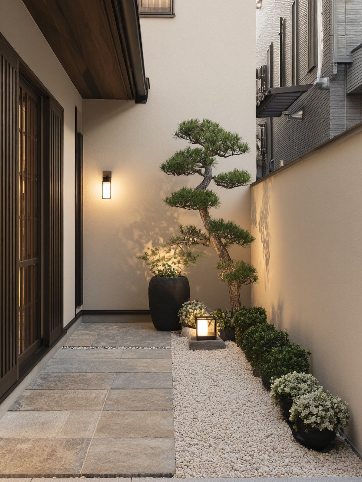 Sculpted pine tree and white gravel in a minimalist Japanese Zen urban garden.