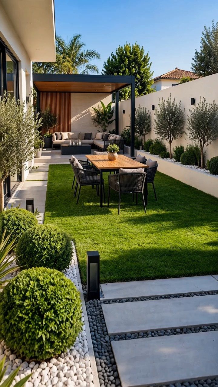 Modern backyard with concrete pavers, spherical shrubs, and a wooden dining set under a pergola.
