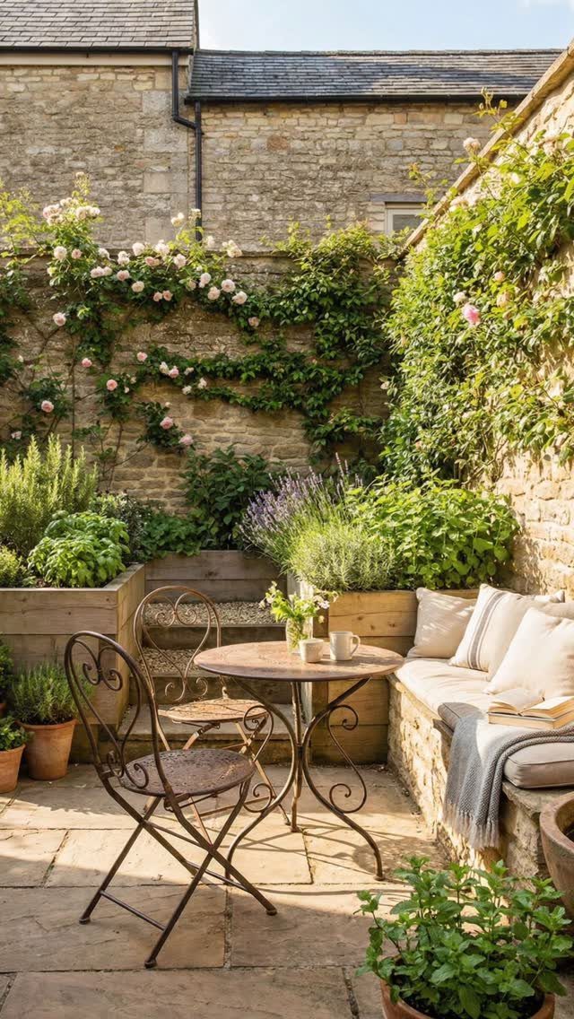 Small stone patio with bistro set, cushioned bench, and climbing roses on stone walls.