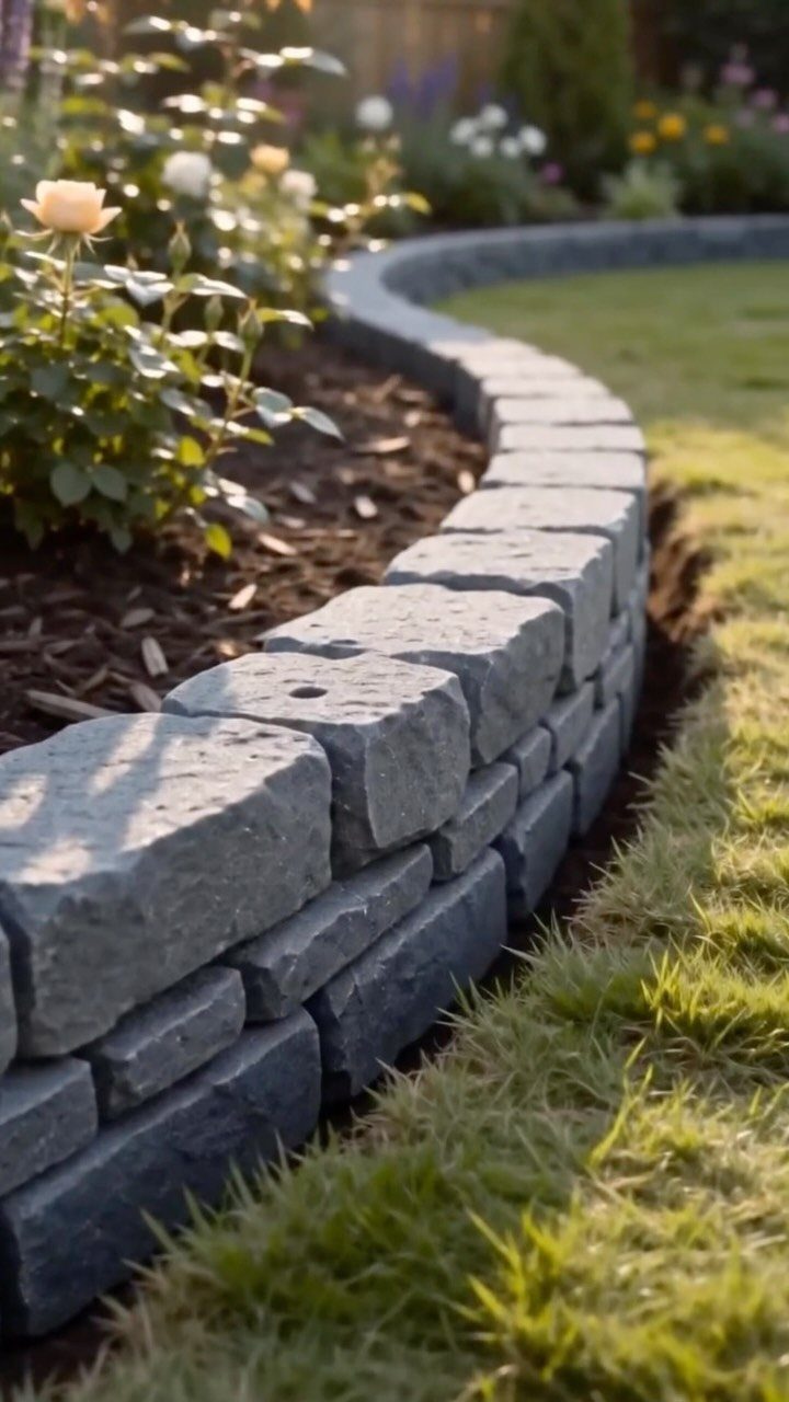 Curved grey stone block edging separating a green lawn from a rose garden bed.