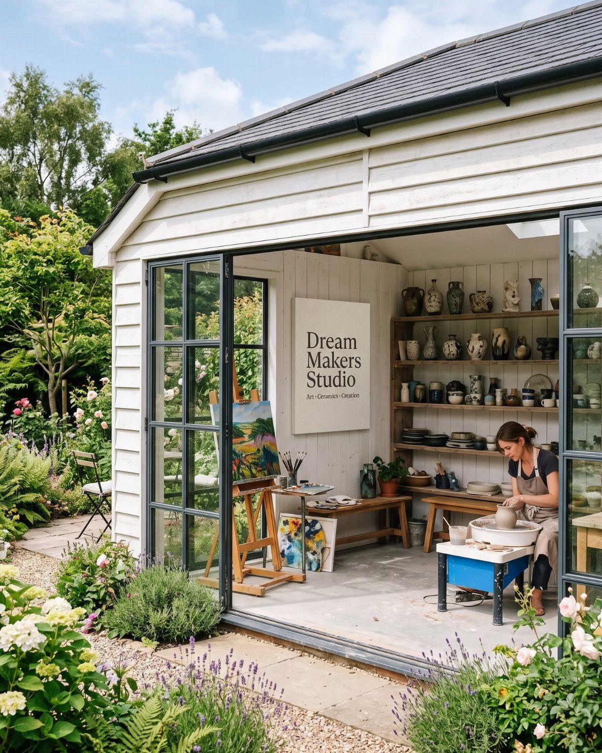 Woman potting ceramics inside a white garden studio with an art easel.