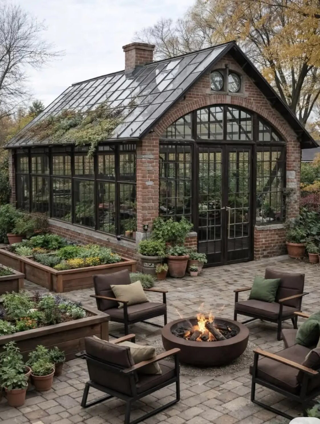 Brick greenhouse shed with glass walls and a cozy outdoor fire pit patio.