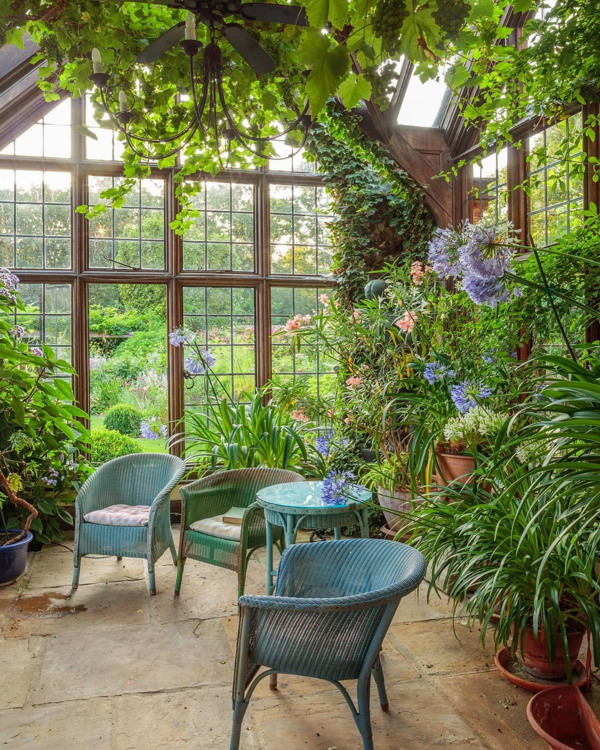 Blue wicker chairs and table inside a lush, glass-walled greenhouse garden retreat