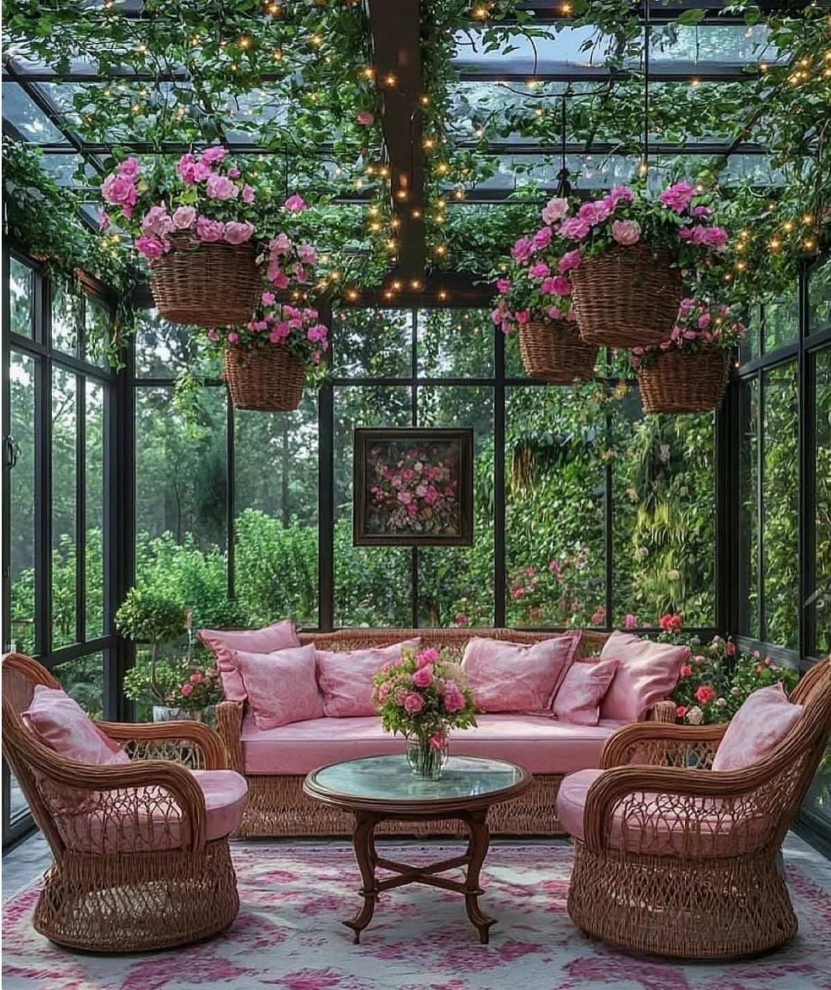 Pink sofa and wicker chairs in a glass greenhouse with hanging flowers.