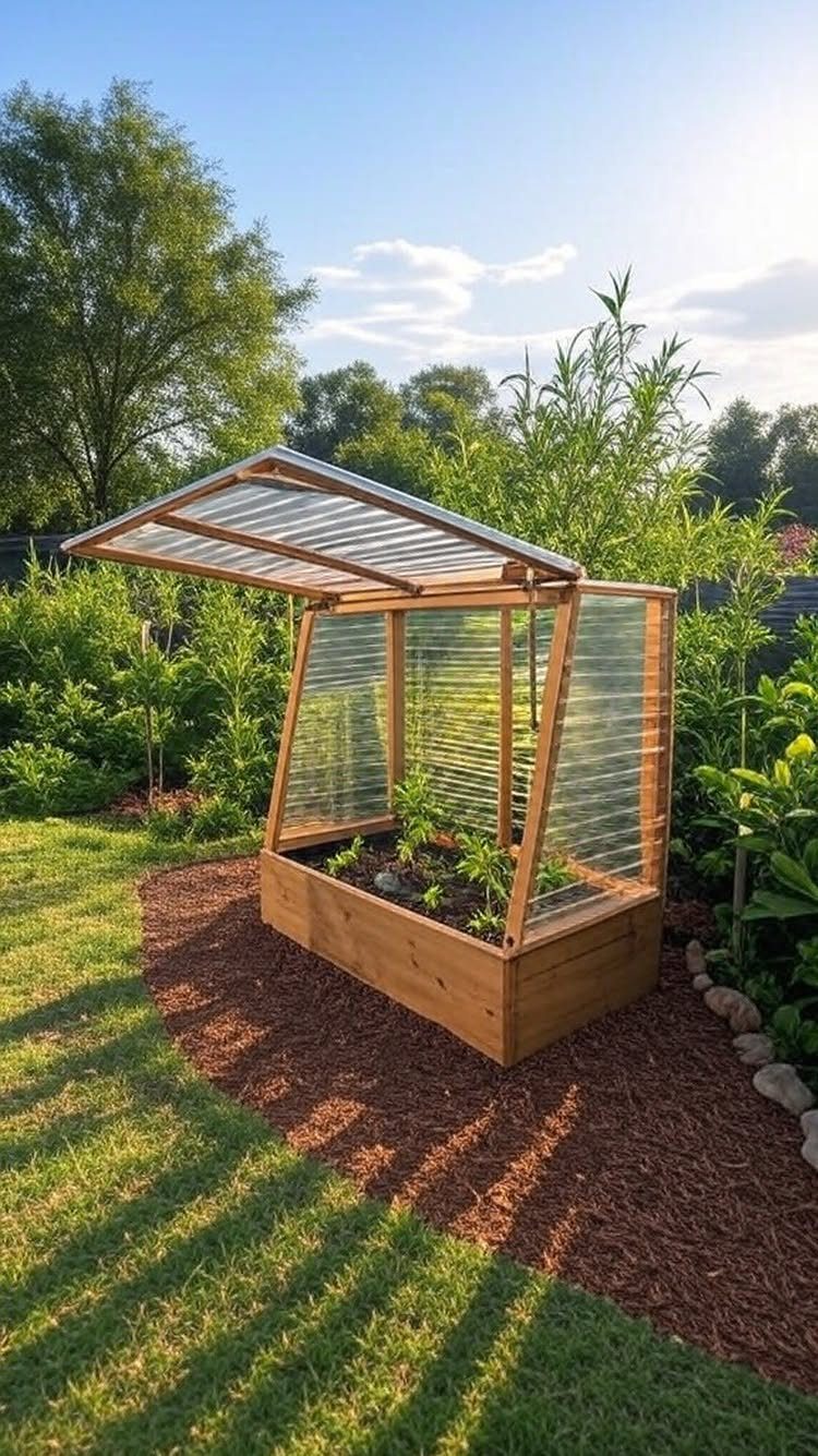Small wooden cold frame greenhouse with an open glass lid on brown mulch.