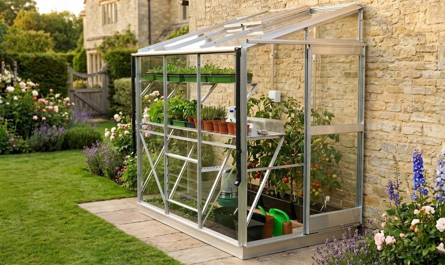 Lean-to greenhouse with glass walls attached to a stone house wall in a garden