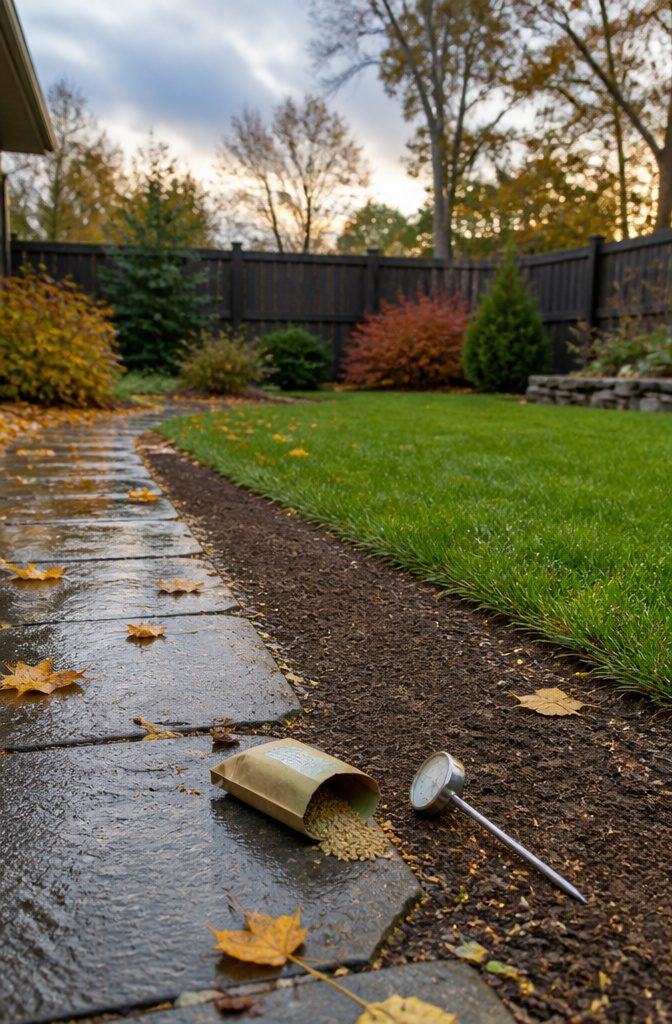 9 Steps to Follow for Grass Growing Tips That Work 2 Open grass seed packet beside prepared soil, a thermometer, and cool-season lawn