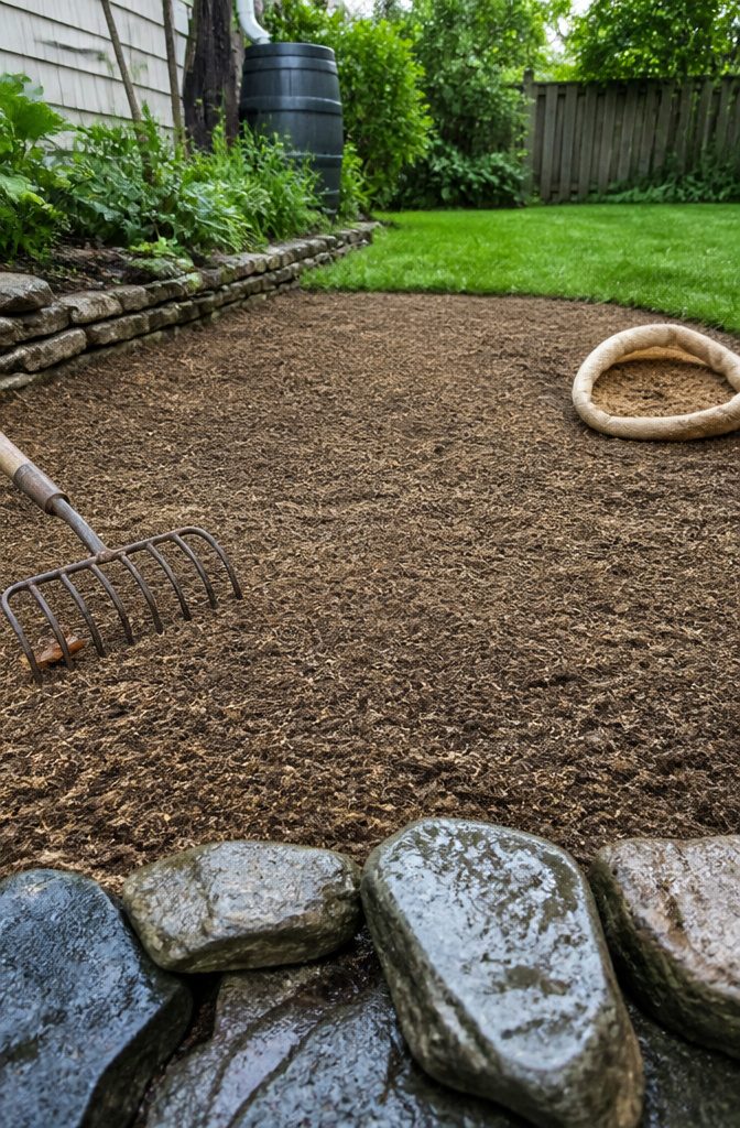 9 Steps to Follow for Grass Growing Tips That Work 7 Mulched lawn seedbed with visible seed flecks, leaf rake, and open mulch sack