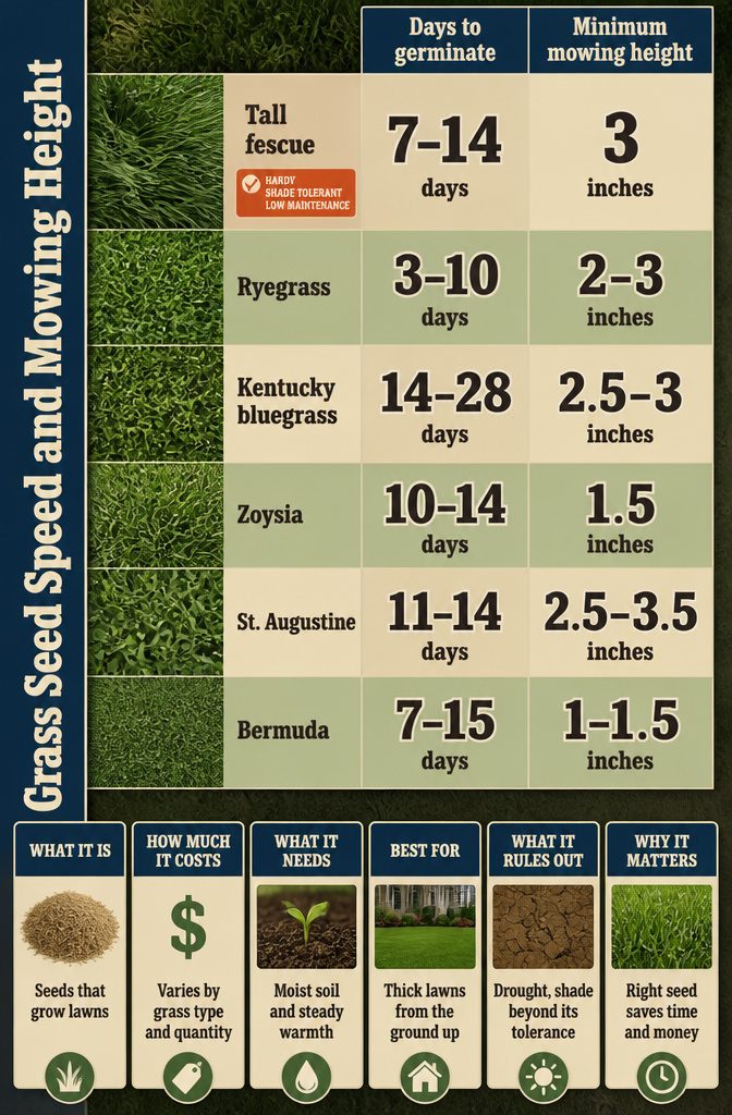 9 Steps to Follow for Grass Growing Tips That Work 10 Grass seed chart listing varieties with germination times and mowing heights