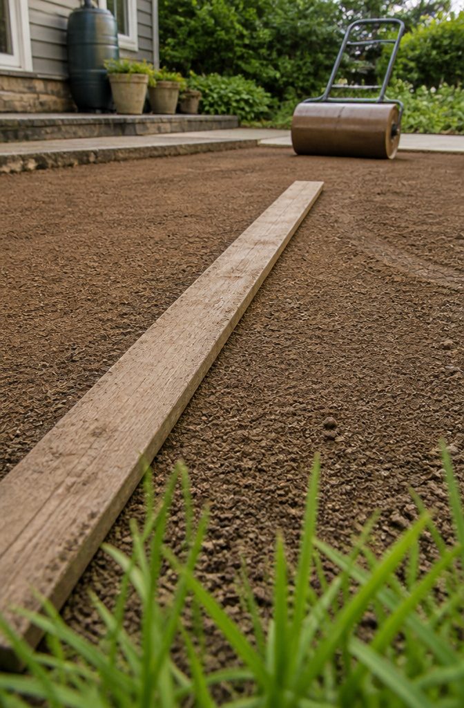 9 Steps to Follow for Grass Growing Tips That Work 5 Straight board lying across a smooth lawn seedbed beside a rake
