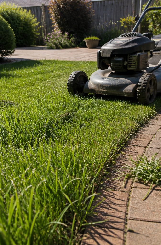 9 Steps to Follow for Grass Growing Tips That Work 9 Young lawn grass beside a mower set for an initial cut