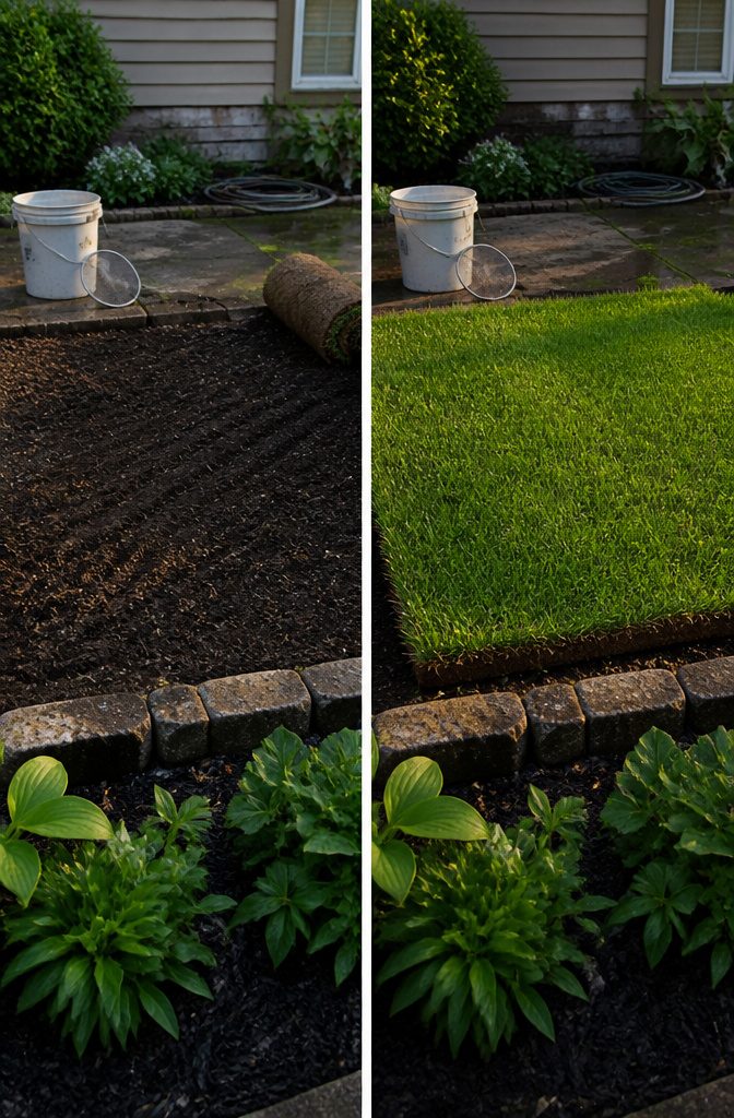 9 Steps to Follow for Grass Growing Tips That Work 11 Residential lawn with a fresh strip of green sod beside prepared ground