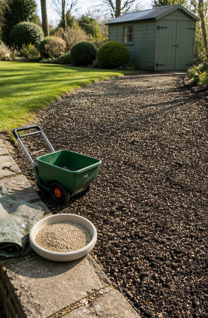 9 Steps to Follow for Grass Growing Tips That Work 6 Hand spreader and bowl of grass seed beside prepared soil and existing turf